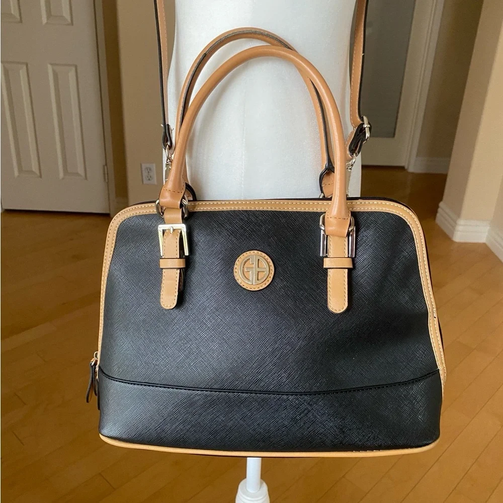 Giani Bernini Black and Tan Satchel with Dome Shape and Gold Hardware